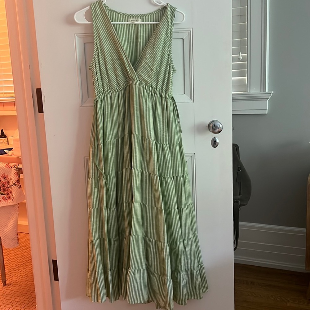 green and white striped midi dress